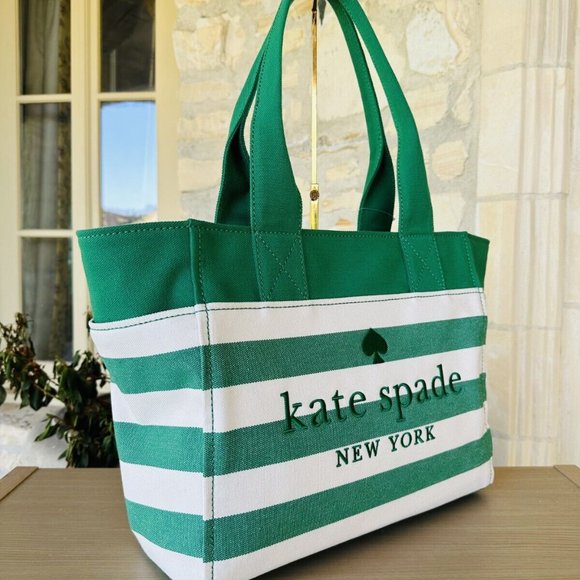 Kate Spade Jett Large Tote Green Bean Time Stripe Embroidered Logo NWT Authentic - Picture 2 of 5
